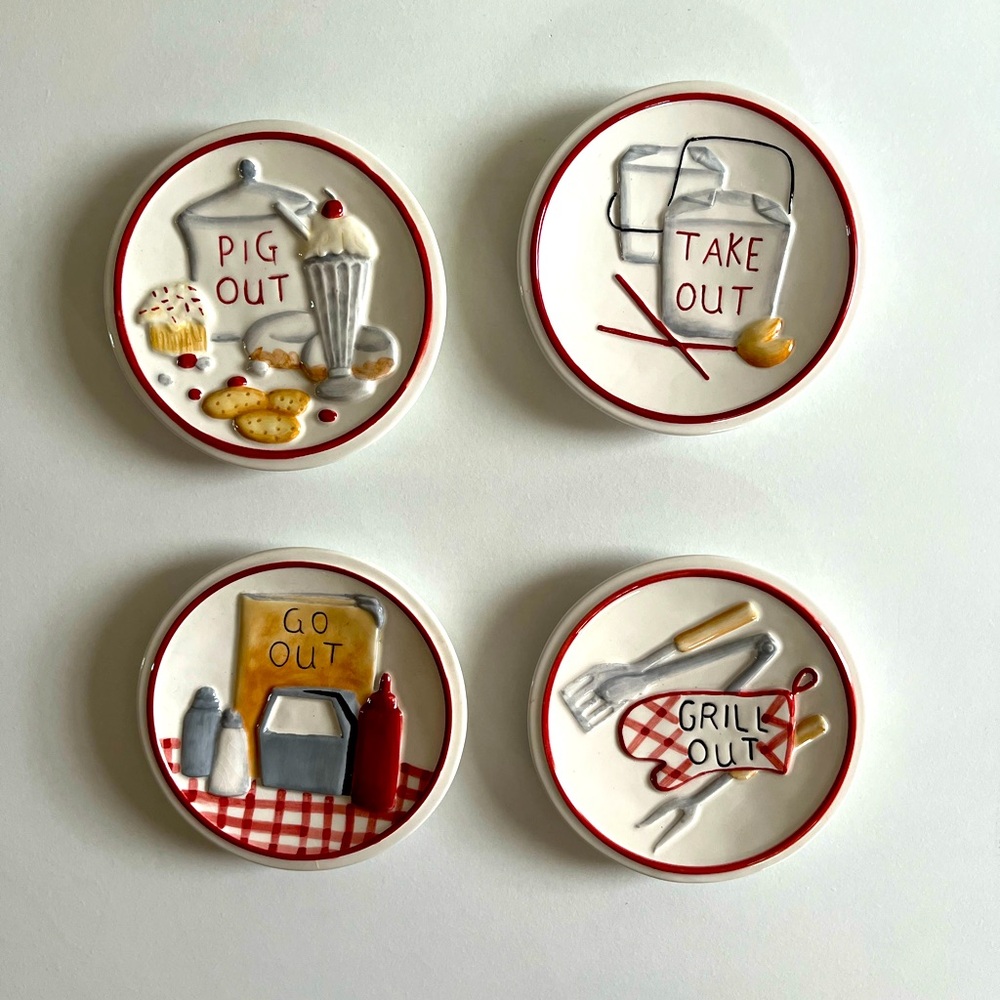 4 Pc MWW Market 4.5" Mini Plate Set Dinner Choices Grill/ Pig/Go Out/Take Out